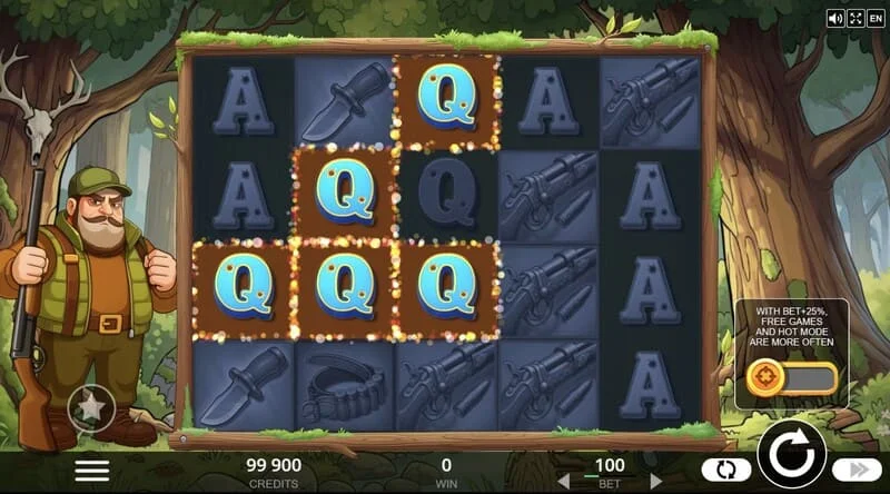 Hunt the Bucks - pangunahing screen ng laro na 5x4 na may mga hayop sa kagubatan at mga Coin na simbolo